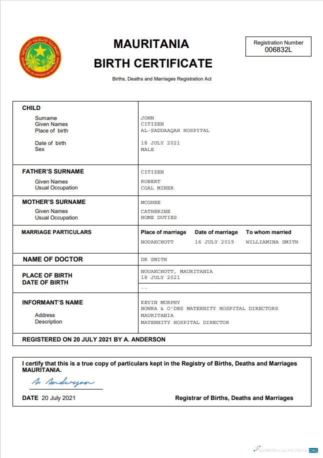 Download Mauritania birth certificate Word and PDF template Photoshop template
